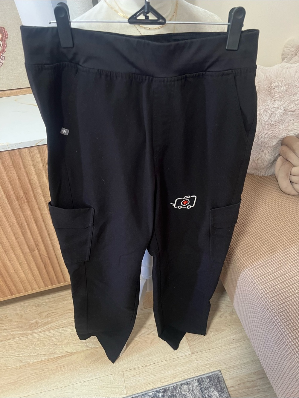 Figs Black Mens Cargo Pants with Embroidered Patch
